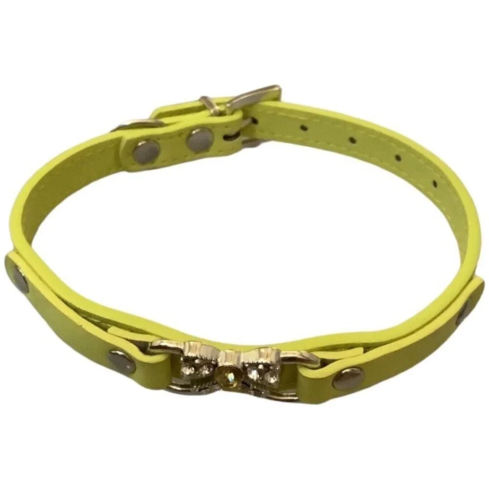 Yellow Dog Collar With Blinged/ Bedazzled  Bow with Adjustable Buckle Closure